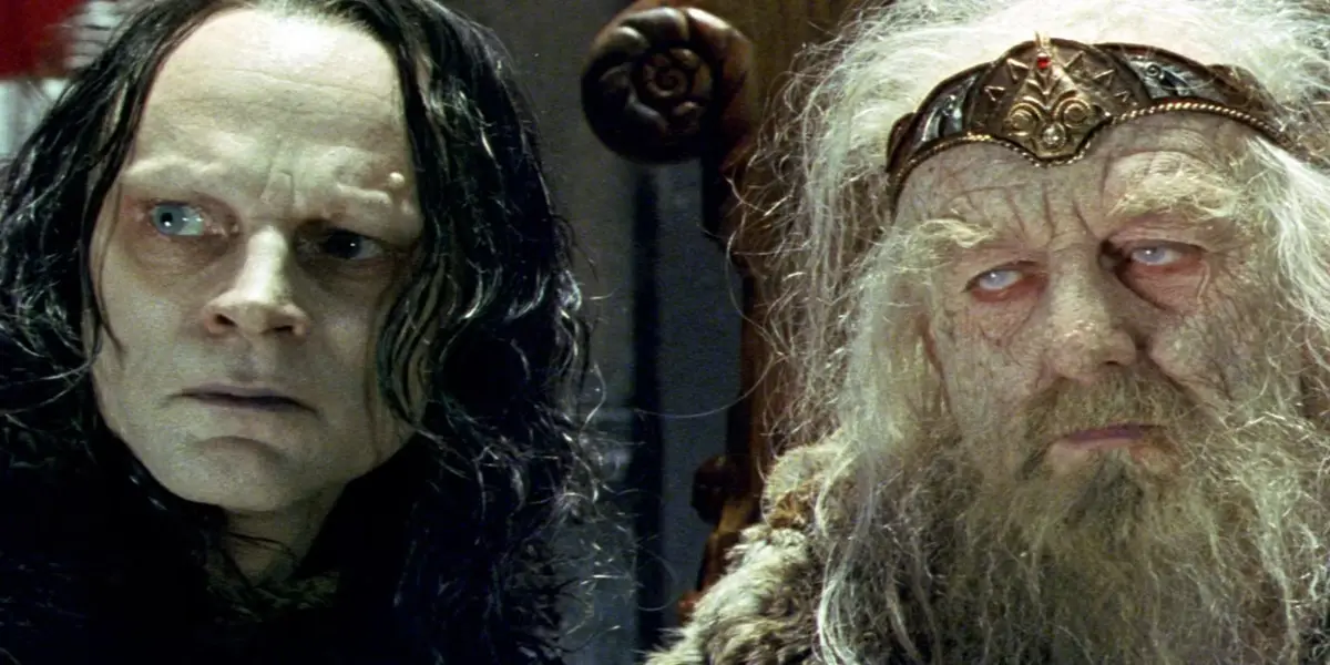 A still from the movie 'The Lord of the Rings' shows two characters: on the left, a pale man with long black hair and wide…