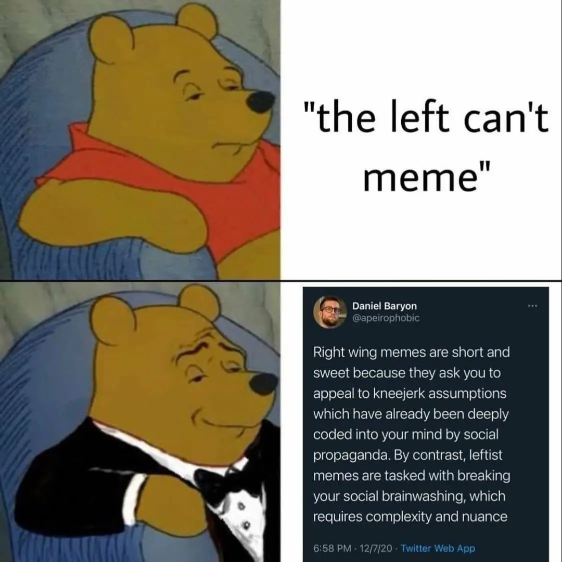 The image shows two panels of Winnie the Pooh. In the top panel, he looks smug and unimpressed. In the bottom panel, he is…
