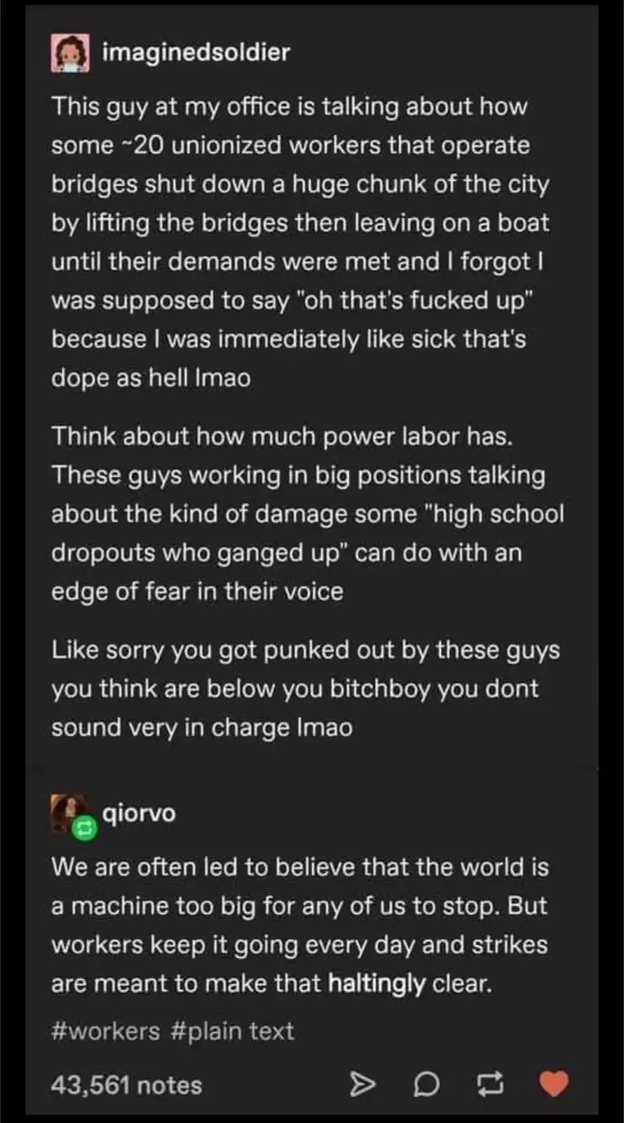 The image displays a screenshot of a social media post with two comment sections. The first comment by 'imaginedsoldier'…