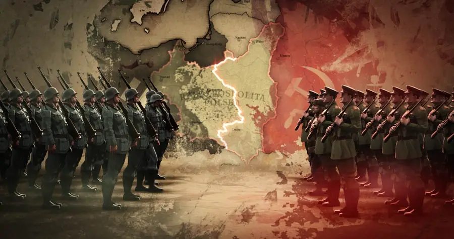 Two rows of soldiers in military uniforms face each other across a stylized map of Poland, with one side labeled 'POLSKA'…