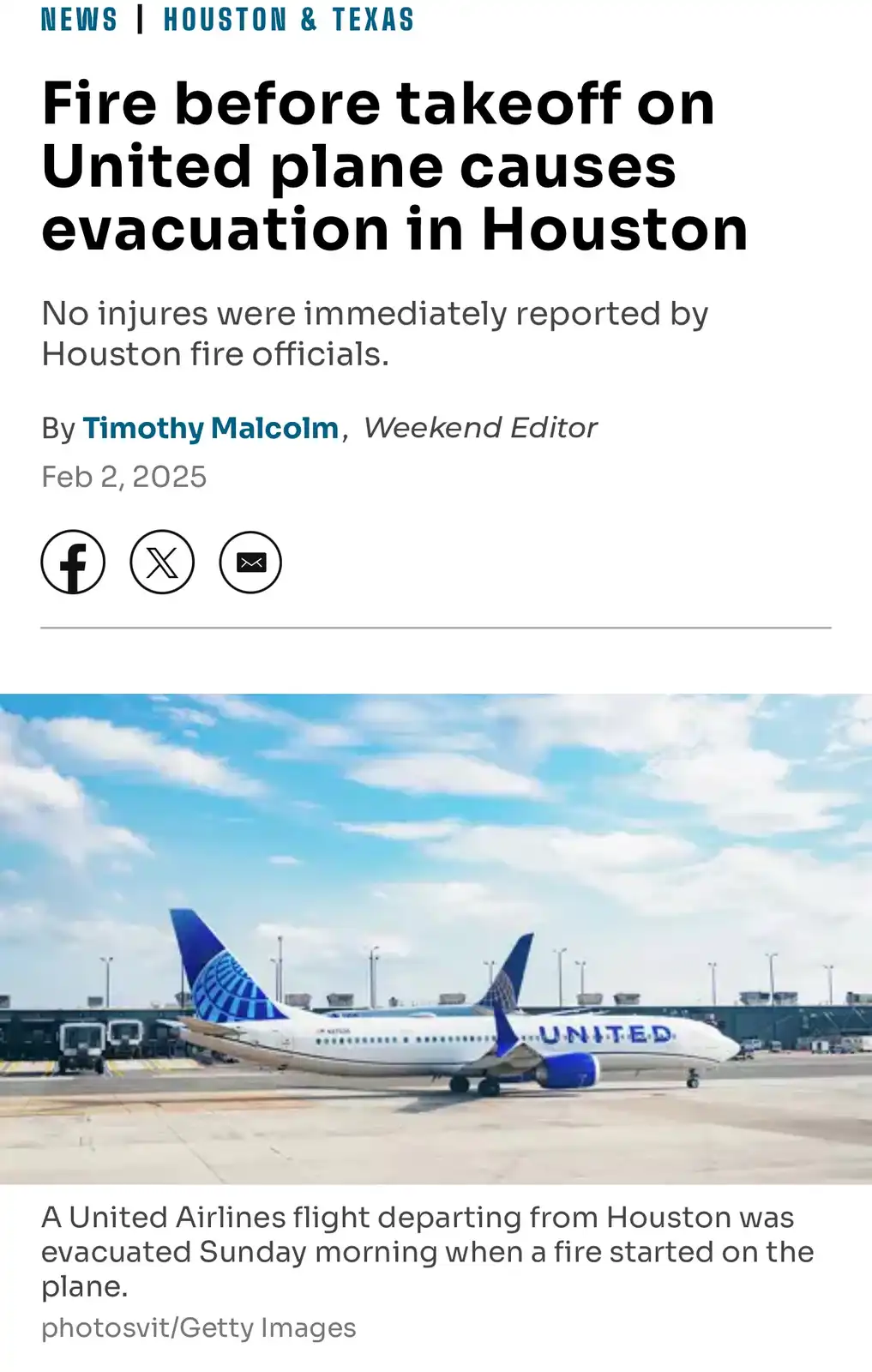 A news article screenshot shows a United Airlines plane on the tarmac under a partly cloudy sky. The headline reads 'Fire…