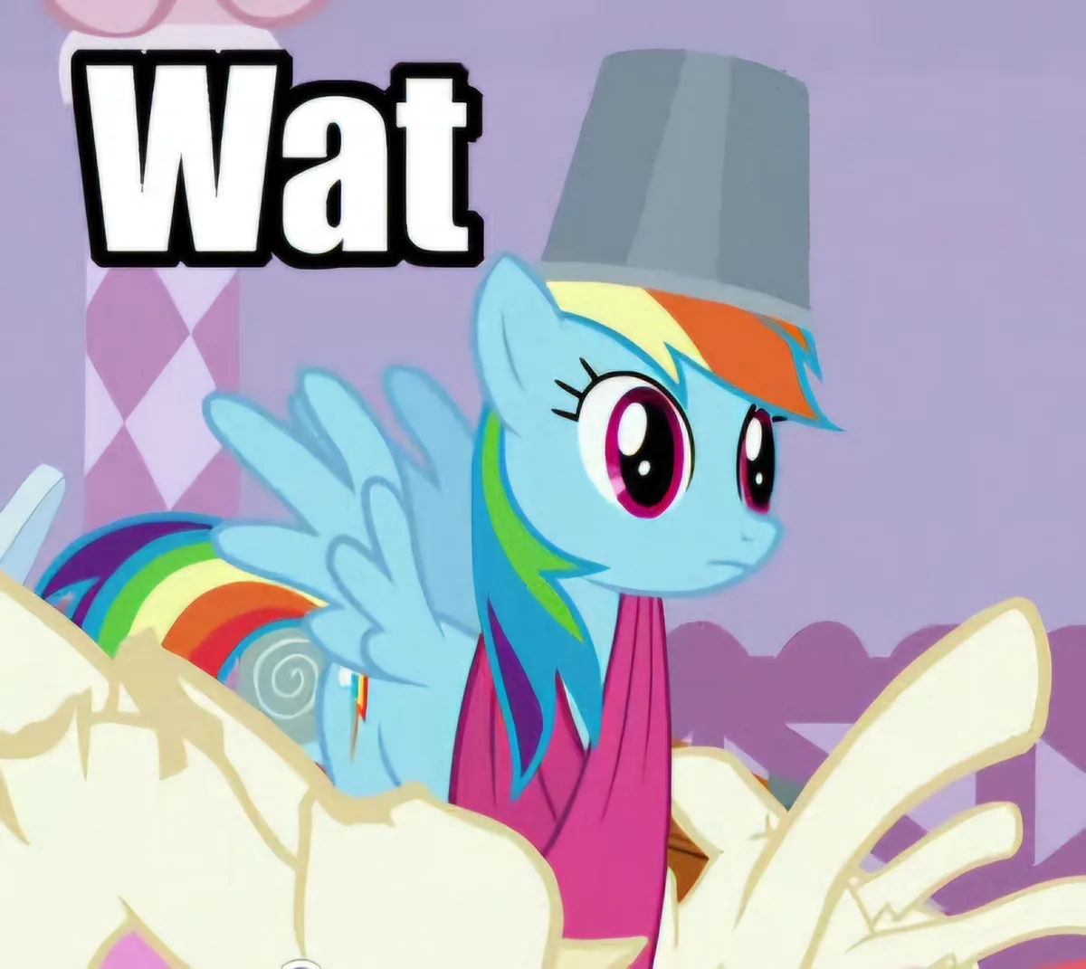A blue cartoon pony with a rainbow mane and a grey top hat looks confused, with large eyes and a raised hand, while the word…