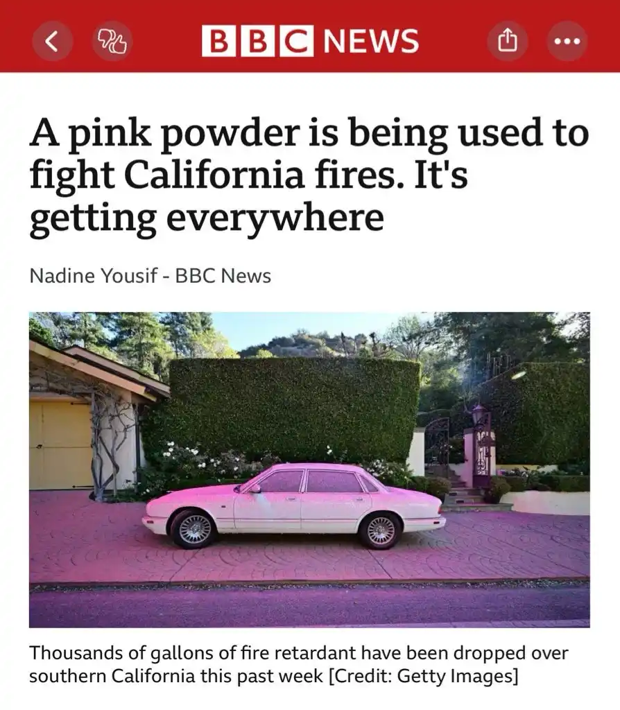 A screenshot of a BBC News article shows a white car and driveway completely covered in pink powder, with text overlaying…