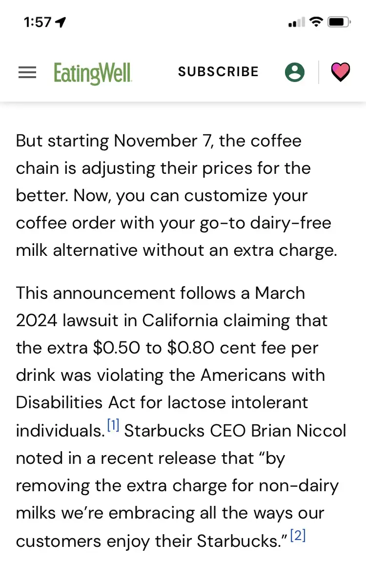 A screenshot of an EatingWell article about Starbucks removing the extra charge for non-dairy milk alternatives, citing a…