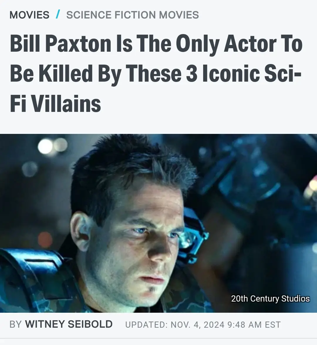 The image shows a screenshot of a fake news article with the headline 'Bill Paxton Is The Only Actor To Be Killed By These 3…