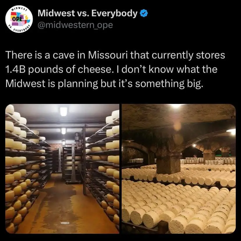 The image displays two photos of a large, dimly lit cave filled with rows upon rows of cheese wheels stored on metal racks…