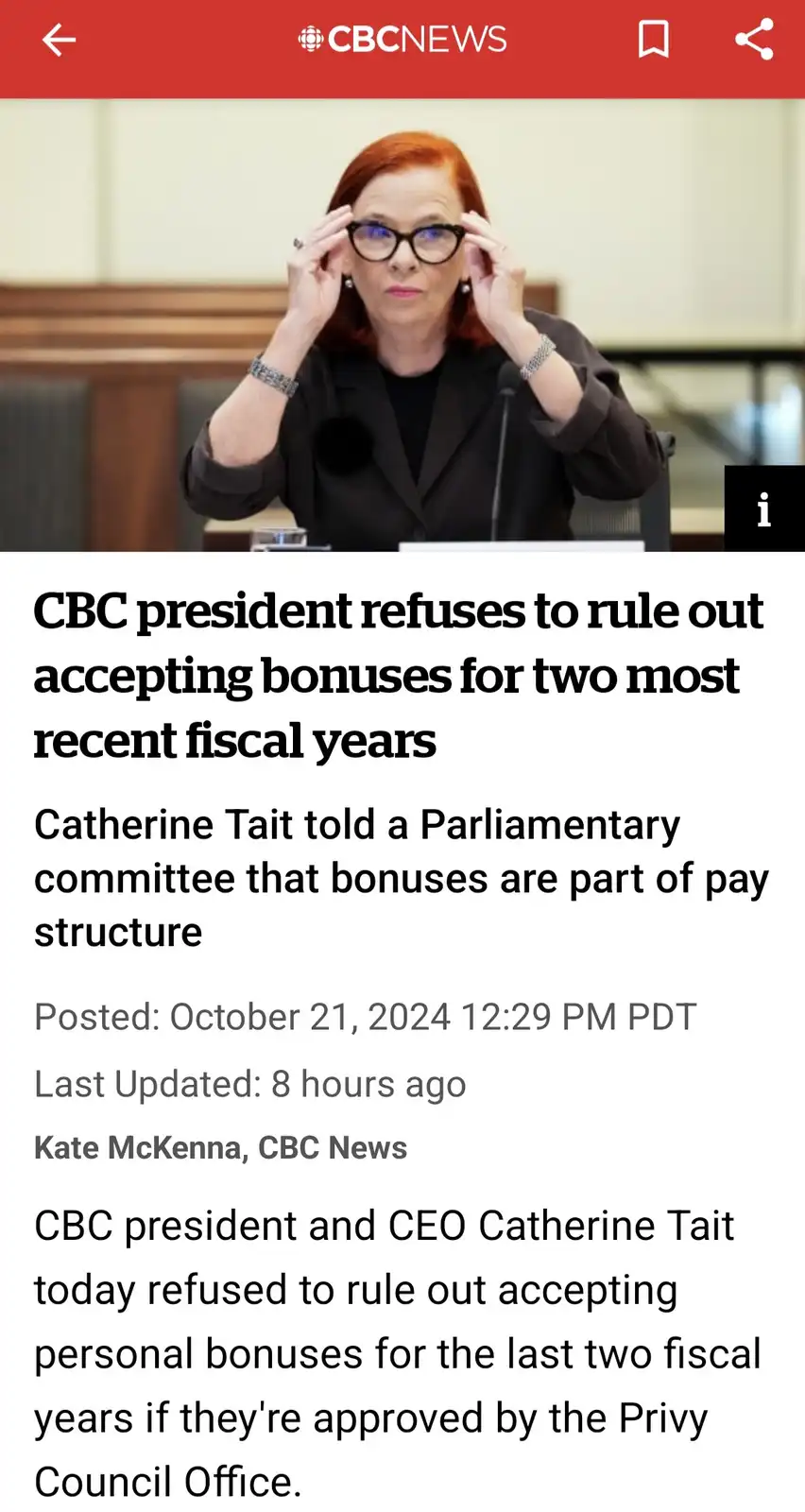 A screenshot of a CBC News article featuring Catherine Tait, the CBC president and CEO, adjusting her glasses while seated…