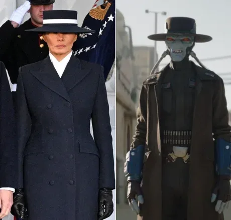 The image is a side-by-side comparison. On the left, Melania Trump wears a dark navy double-breasted coat, black gloves, and…