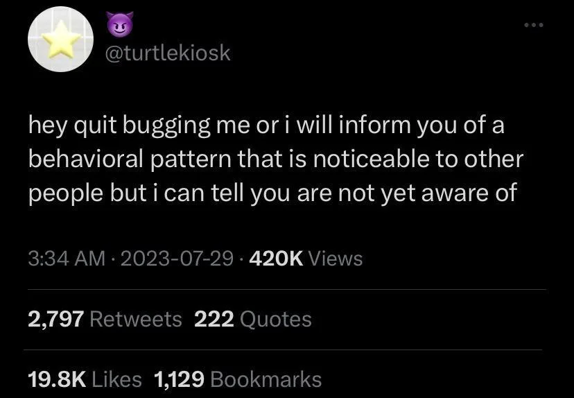 A screenshot of a tweet from @turtlekiosk with a black background and white text. The tweet reads: 'hey quit bugging me or i…