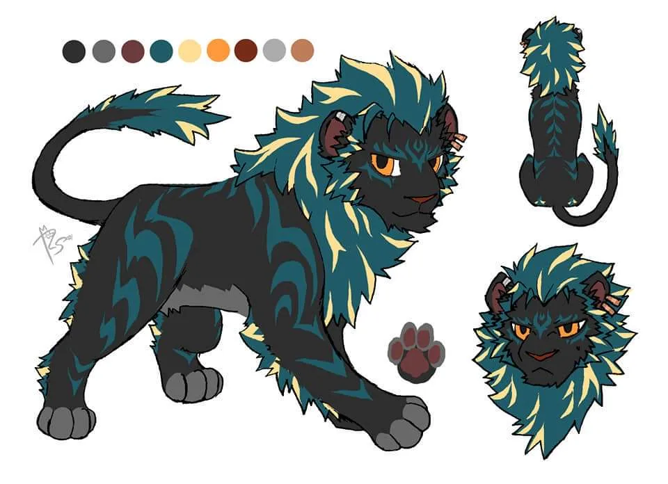 This is a character design sheet for a stylized feline creature with black fur, teal and yellow mane and markings, orange…