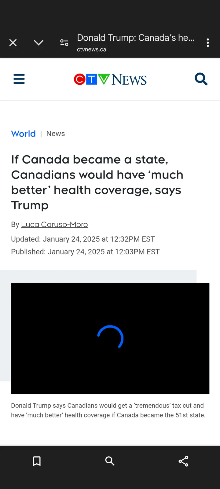 A screenshot of a CTV News article titled 'If Canada became a state, Canadians would have ‘much better’ health coverage…