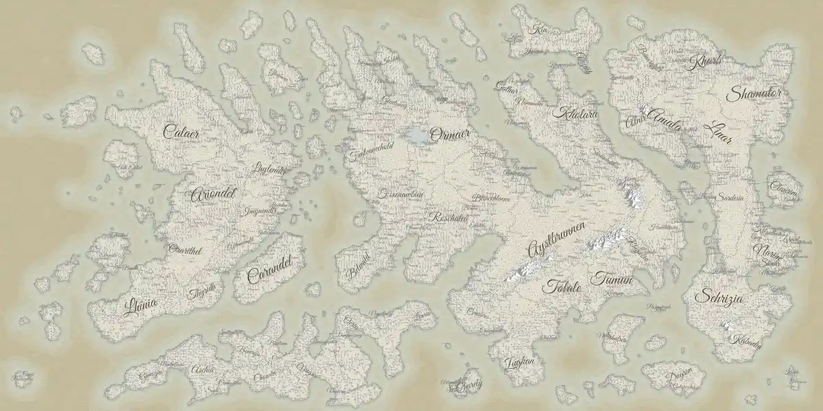 A detailed fantasy world map with numerous labeled continents and islands, featuring ornate script and decorative borders…
