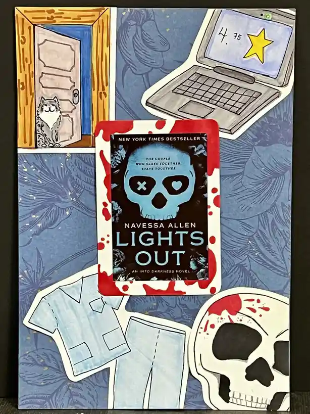 A collage-style illustration features a book cover for 'Lights Out' by Navessa Allen, surrounded by a cat peeking from a…