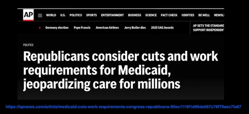A screenshot of an Associated Press news article headline reads 'Republicans consider cuts and work requirements for…