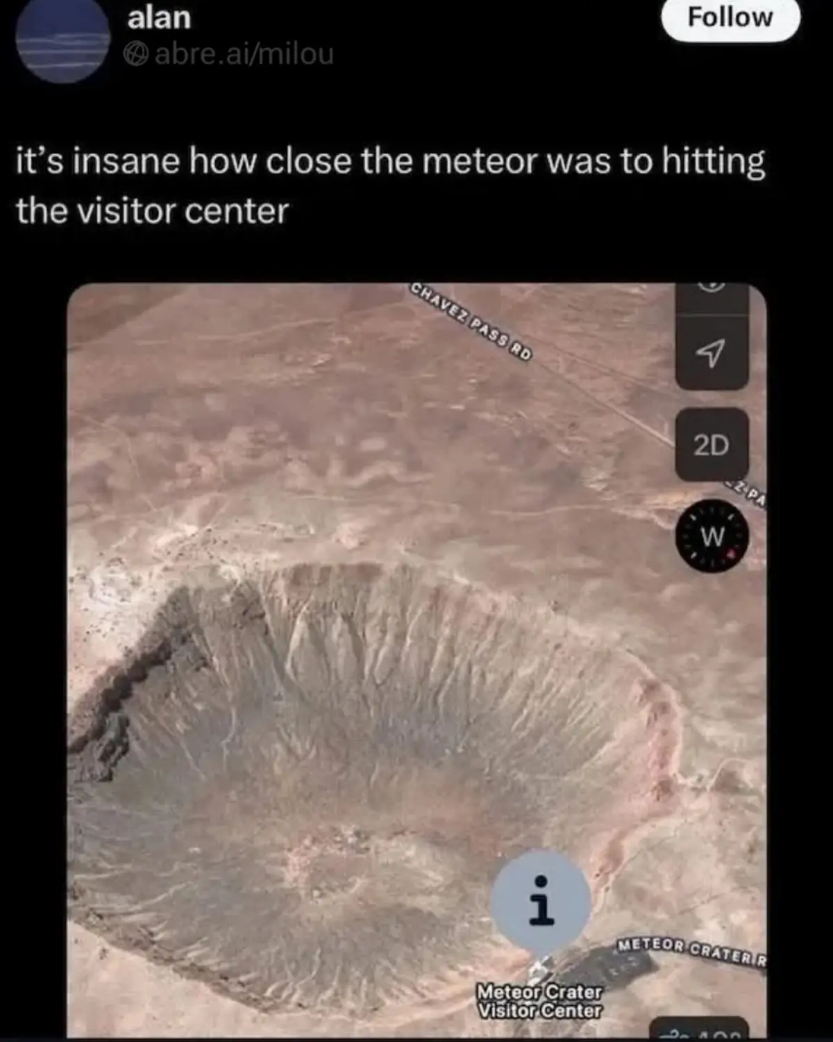 A screenshot of a Google Maps satellite view shows a large, circular meteor crater in a desert landscape. A small building…
