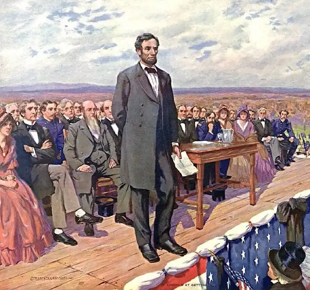 A historical painting depicts Abraham Lincoln standing at a wooden podium, holding papers, addressing a crowd of formally…