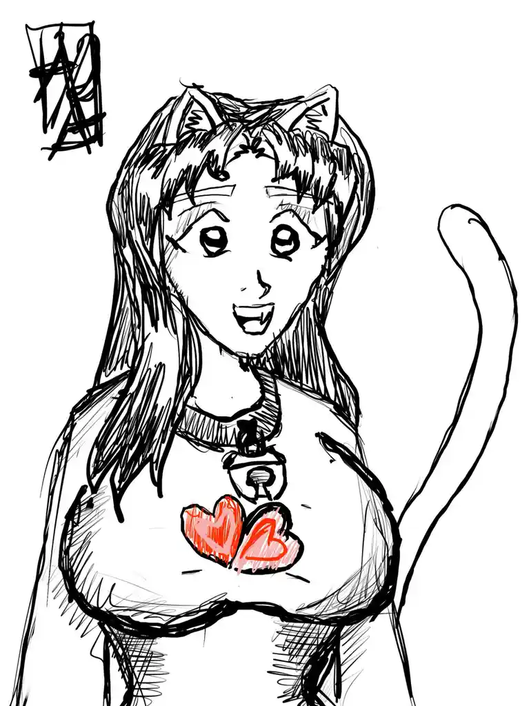 A black-and-white sketch of an anime-style girl with cat ears and a tail, wearing a collar with a bell. She has a cheerful…