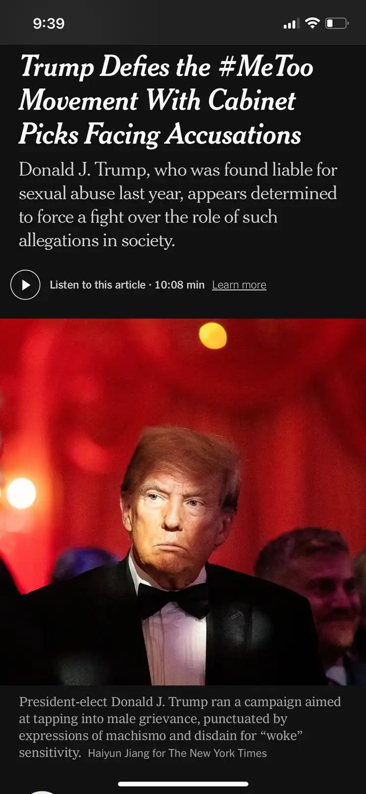 A screenshot of a New York Times article about Donald Trump's cabinet picks facing accusations, overlaid with the headline…