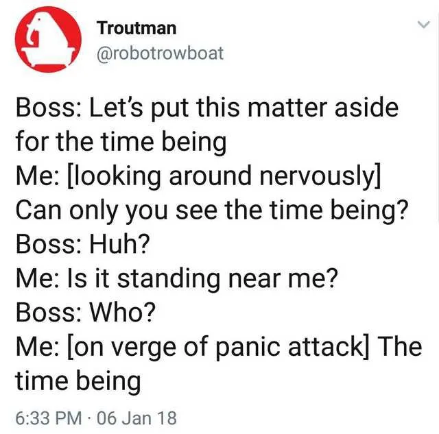 A screenshot of a tweet by Troutman (@robotrowboat) showing a dialogue where the boss says 'Let's put this matter aside for…