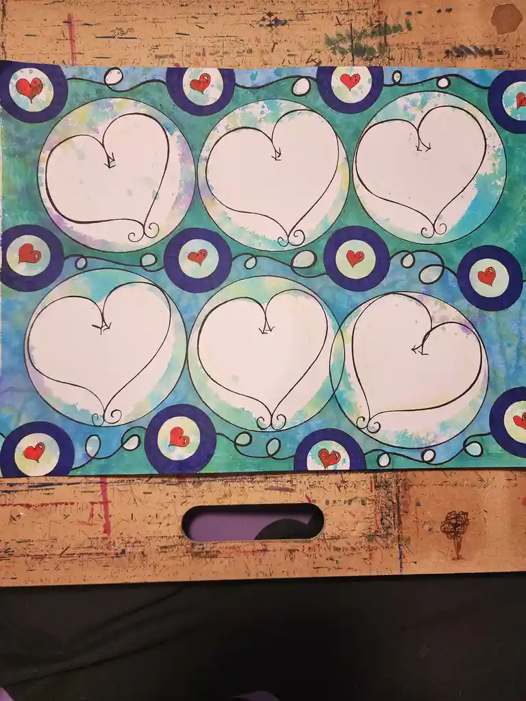 A hand-drawn artwork on paper features six large white outlined hearts arranged in two rows, each with a small arrow…
