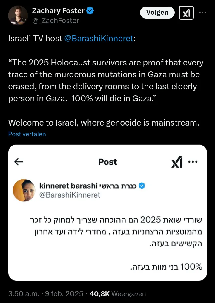 A screenshot of a tweet by Zachary Foster sharing a tweet from Israeli TV host @BarashiKinneret. The original tweet, in…