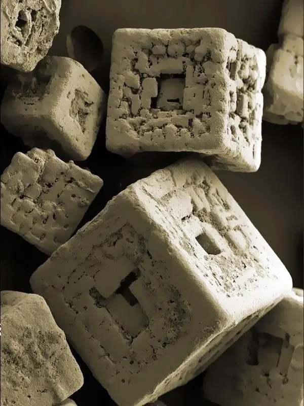 The image shows a close-up of several weathered, beige, cube-shaped objects with rough, eroded surfaces and hollowed-out…
