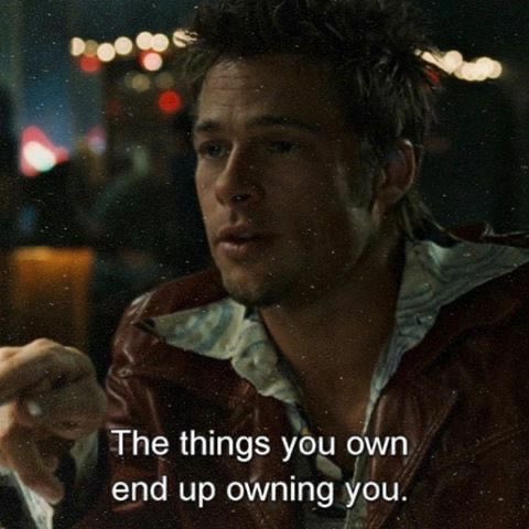 A close-up shot of actor Brad Pitt in a scene from the movie 'Fight Club,' looking thoughtful and slightly concerned while…
