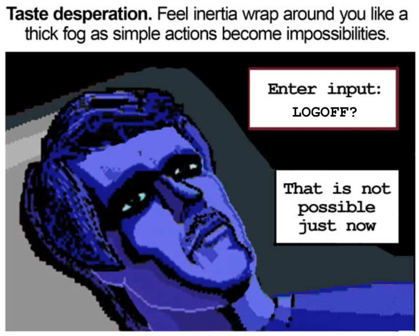 A pixelated, blue-tinted image of a man's face looking upward with a weary expression. Two text boxes appear beside him: one…