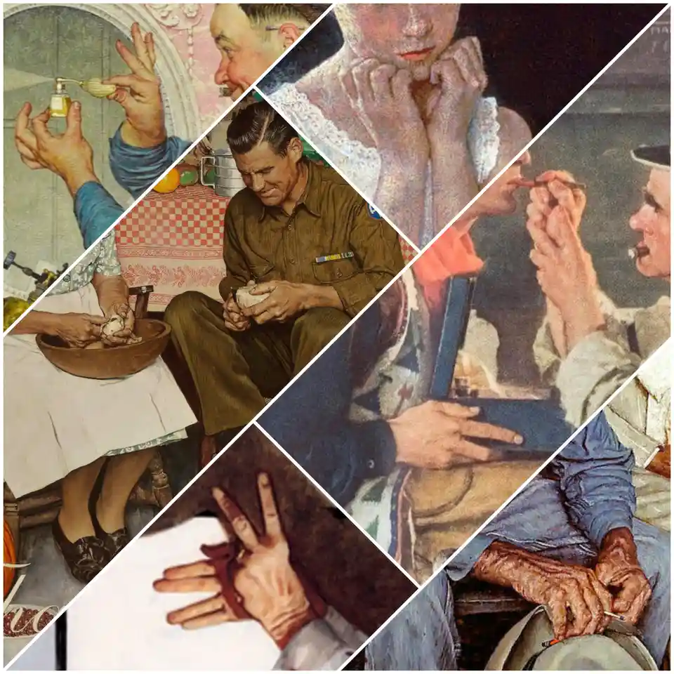 A collage of six vintage illustrations showing various hands engaged in different activities: one spraying perfume, another…