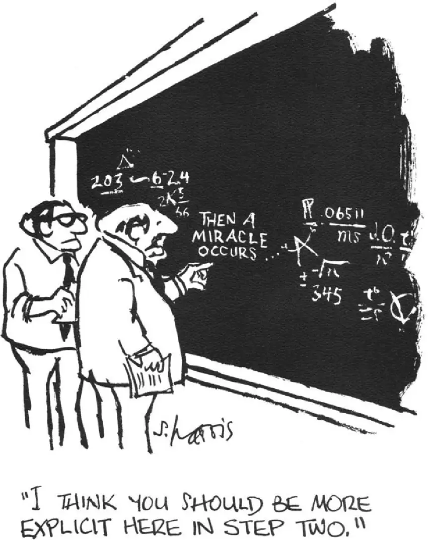A black-and-white cartoon shows a professor pointing at a chalkboard filled with complex mathematical equations and symbols…