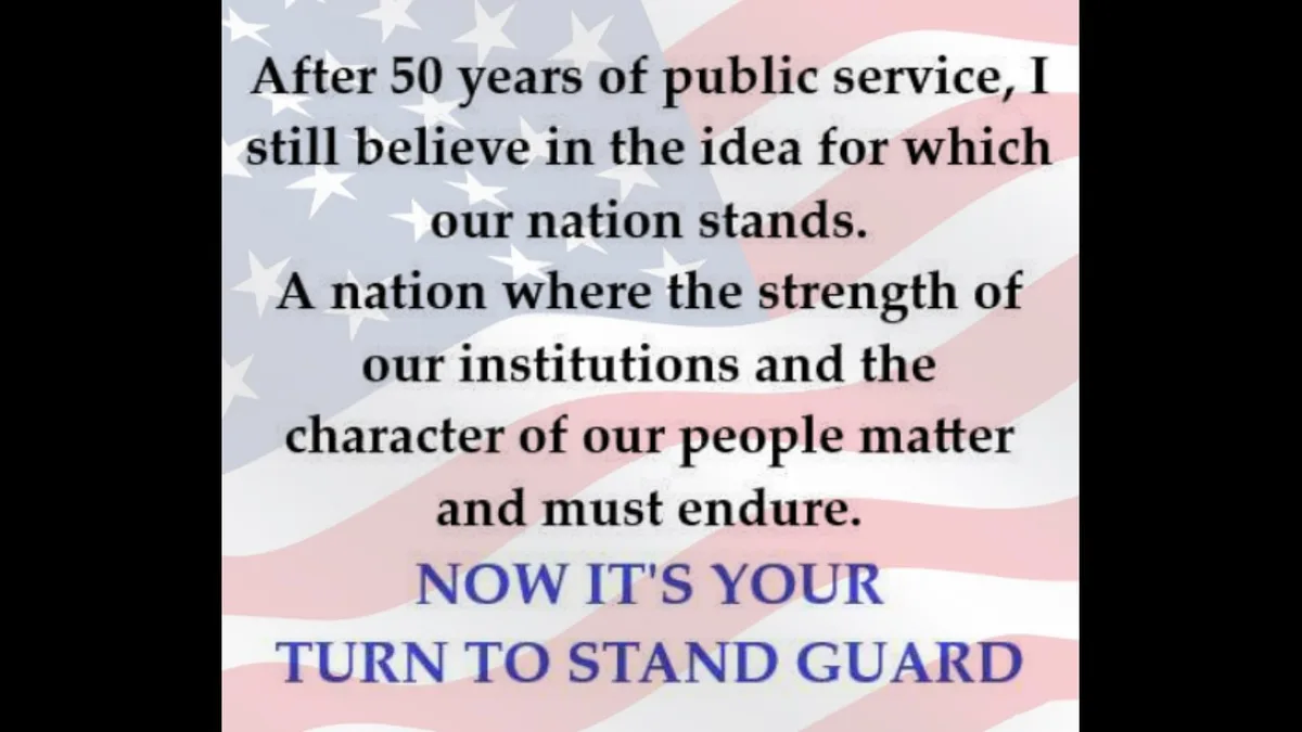 The image displays a patriotic American flag background with black text quoting a patriotic message about enduring national…