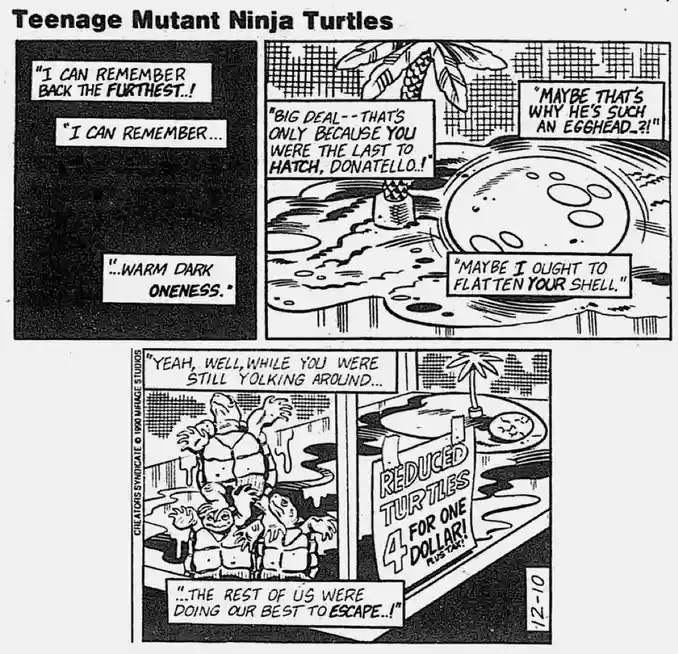 A black-and-white comic strip from Teenage Mutant Ninja Turtles shows Donatello claiming to remember 'warm dark oneness'…