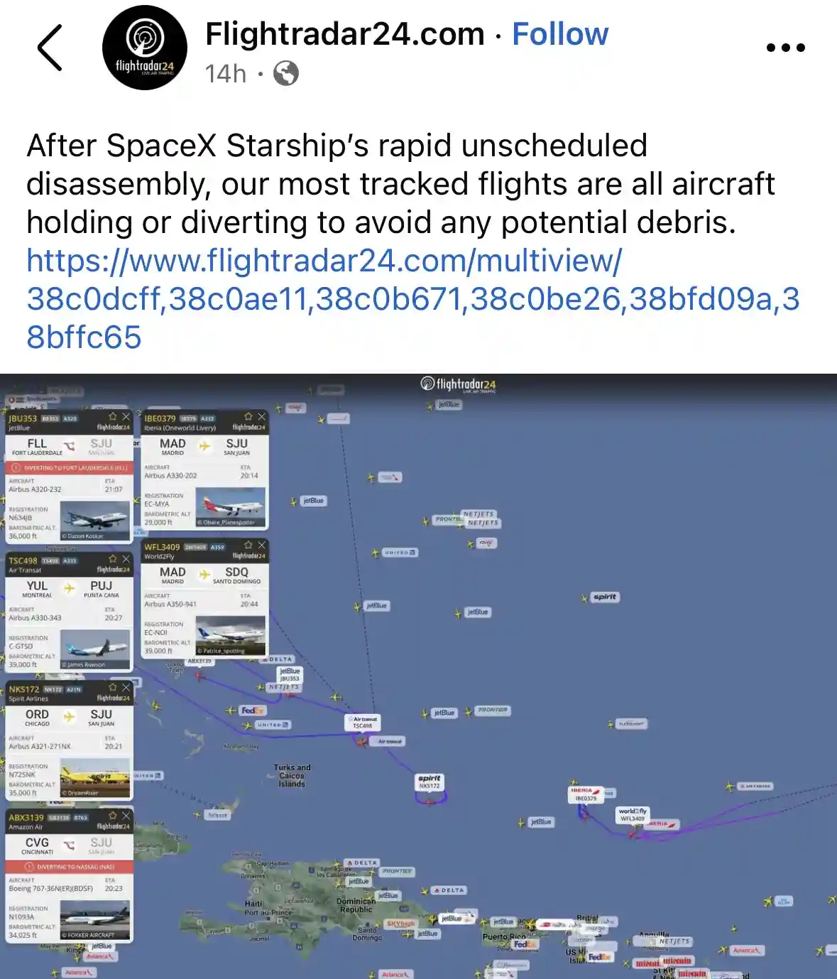 A screenshot of a Flightradar24 map showing multiple airplanes rerouted around the Caribbean, with several flight boxes…
