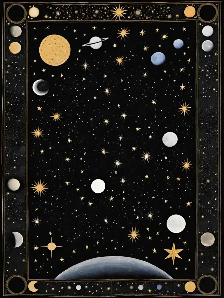 An ornate, framed celestial artwork depicting a black sky filled with numerous stars, planets, and moons, including Saturn…