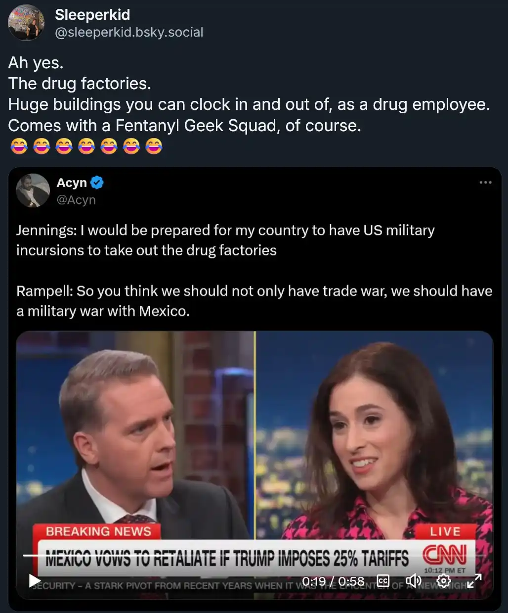 A screenshot from a CNN news broadcast shows two hosts, Jennings and Rampell, discussing military action against drug…