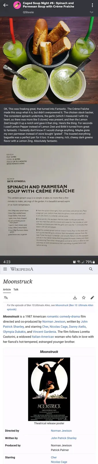 The image is a screenshot of a phone displaying a social media post about a 'Caged Soup Night' featuring spinach and…