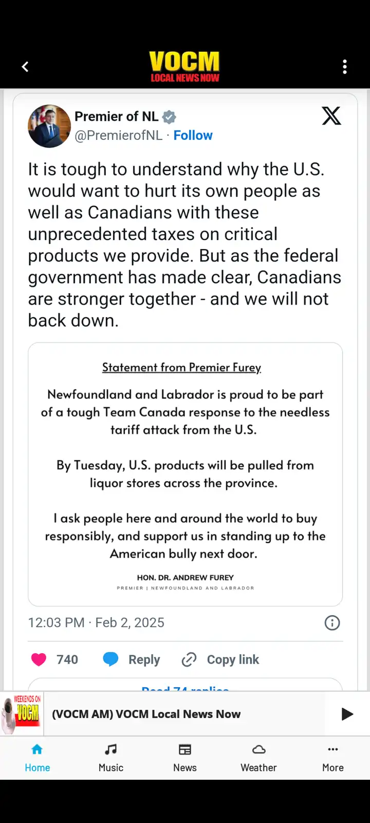 A screenshot of a tweet from the official account of the Premier of Newfoundland and Labrador, showing a statement by…
