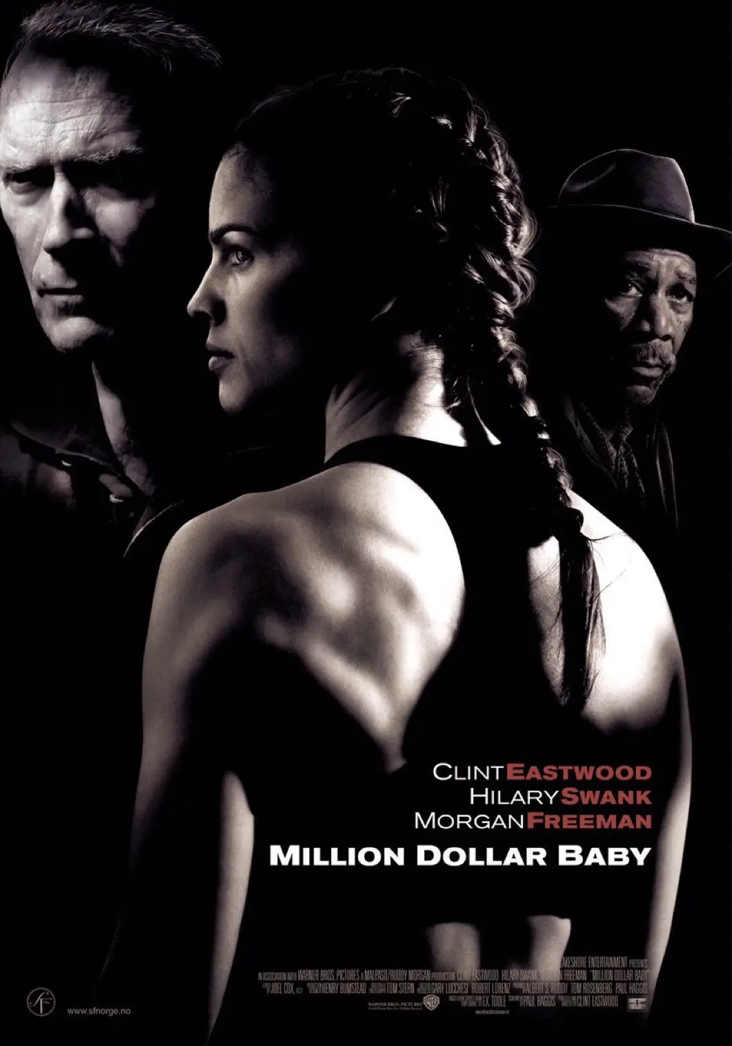 A black-and-white movie poster for 'Million Dollar Baby' featuring Hilary Swank in profile, with Clint Eastwood and Morgan…