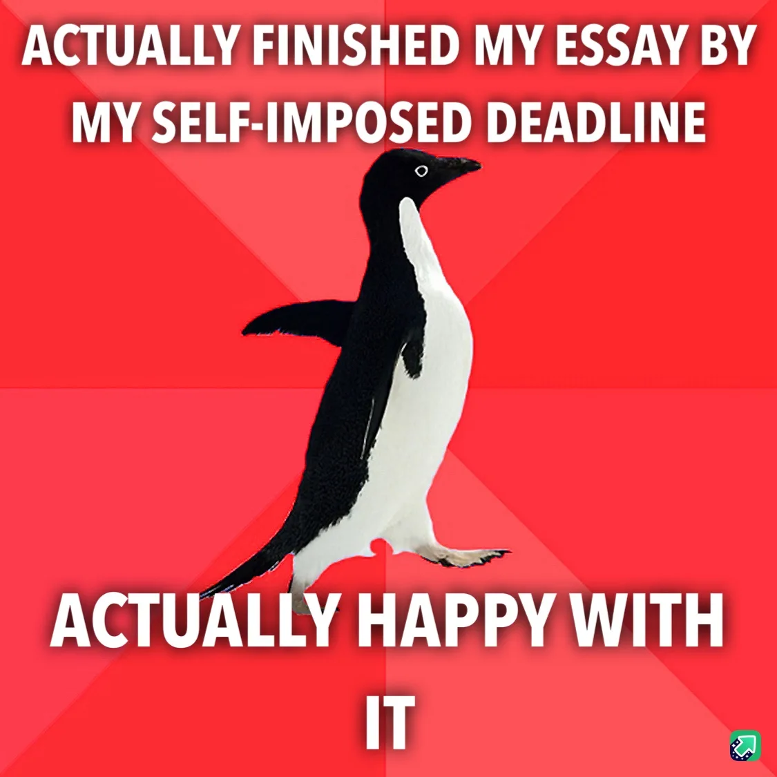 A black-and-white penguin stands against a red background with diagonal stripes. White bold text at the top reads 'ACTUALLY…