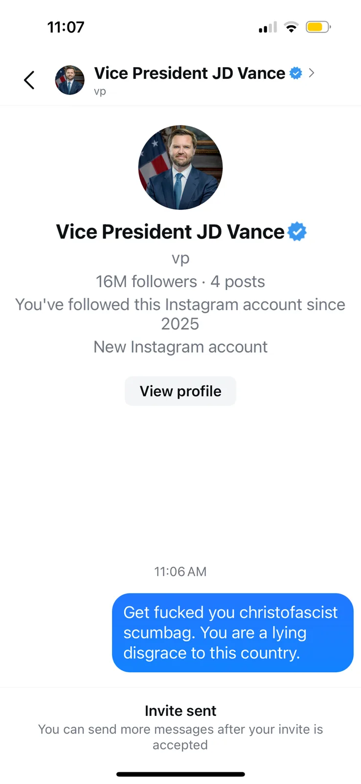 An Instagram direct message screenshot shows a user messaging 'Vice President JD Vance' account, which has 16M followers and…