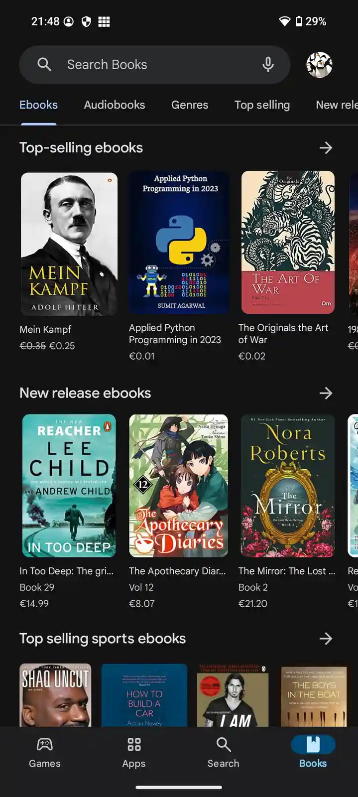A screenshot of a book app's 'Top-selling ebooks' section shows a book cover with a black-and-white photo of Adolf Hitler…
