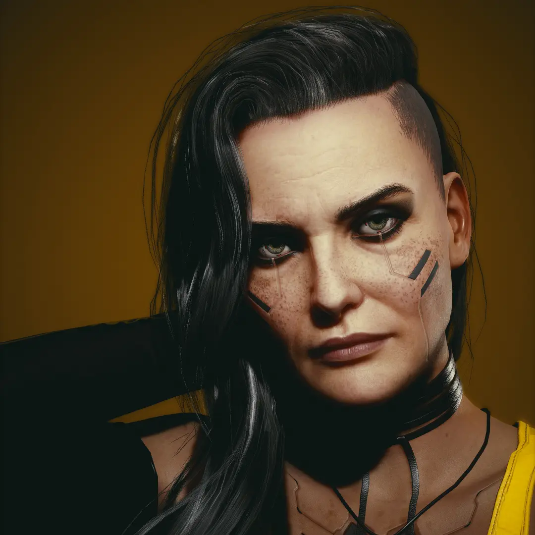 A close-up portrait of a woman with dark hair, freckles, and cybernetic implants on her face, looking intensely at the…