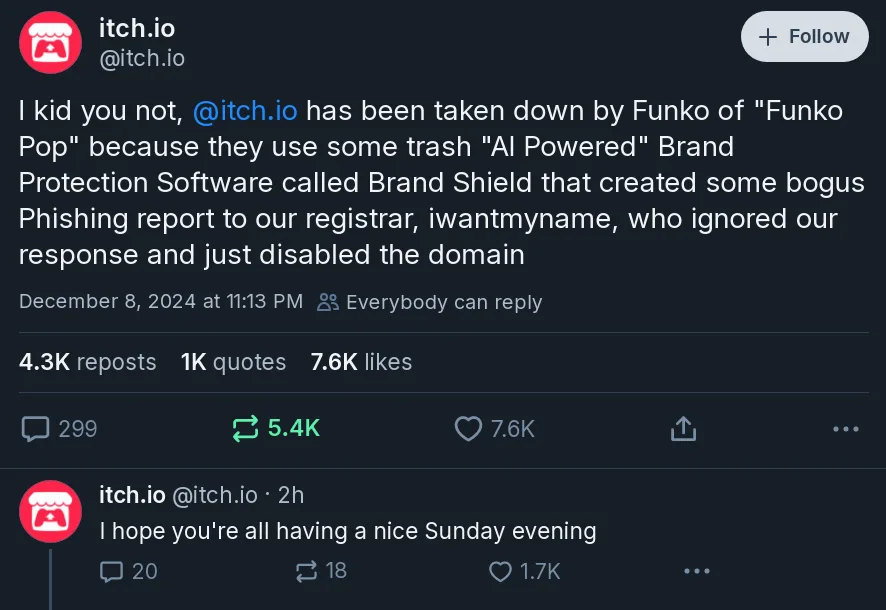 A screenshot of a Twitter/X post from itch.io's official account, where they announce their domain was taken down by Funko…