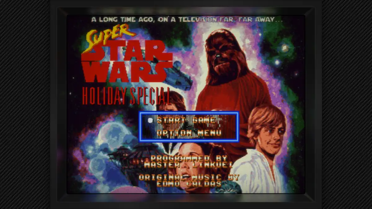 The image displays a retro video game title screen styled like a Star Wars movie poster, featuring pixelated characters…