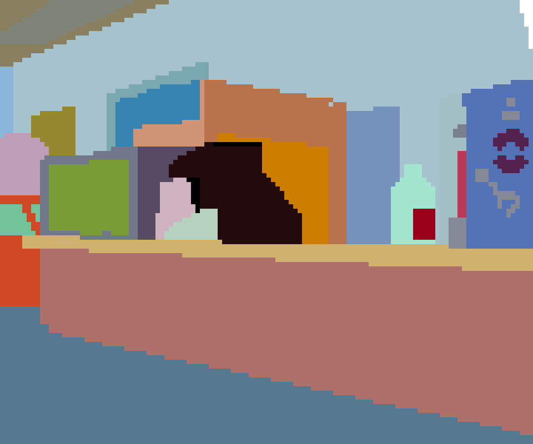 A low-resolution pixel art image shows a cluttered desk with various items including a computer monitor, a dark-colored mug…