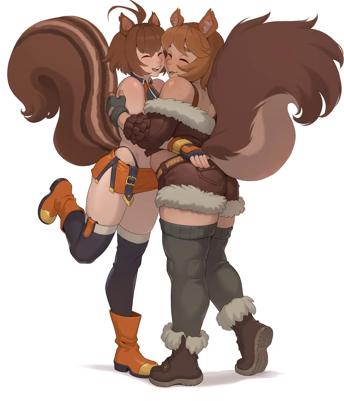 Two anthropomorphic female squirrels with large bushy tails and pointed ears are hugging each other affectionately. One…