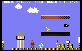 A screenshot from the classic Super Mario Bros. game shows Mario standing on a platform with a green arrow pointing upward…