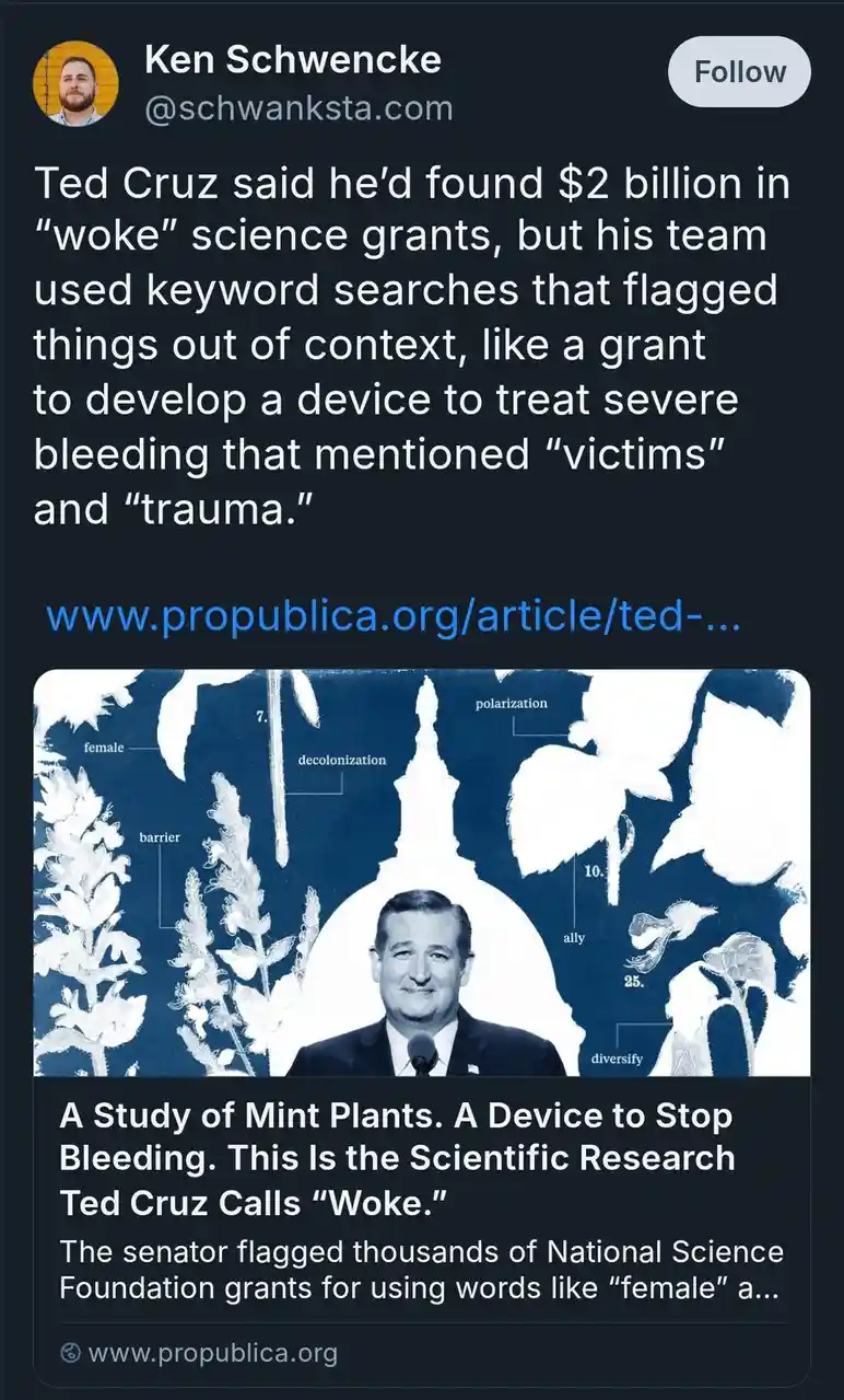 The image shows a black-and-white photo of Ted Cruz speaking at a podium, superimposed over a blue background with white…