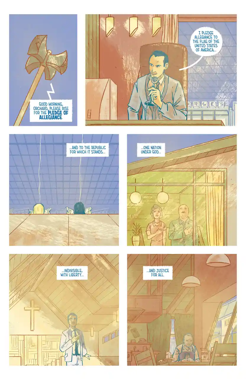 A comic strip shows a man leading a Pledge of Allegiance in various public settings, including a diner, a church, and a…