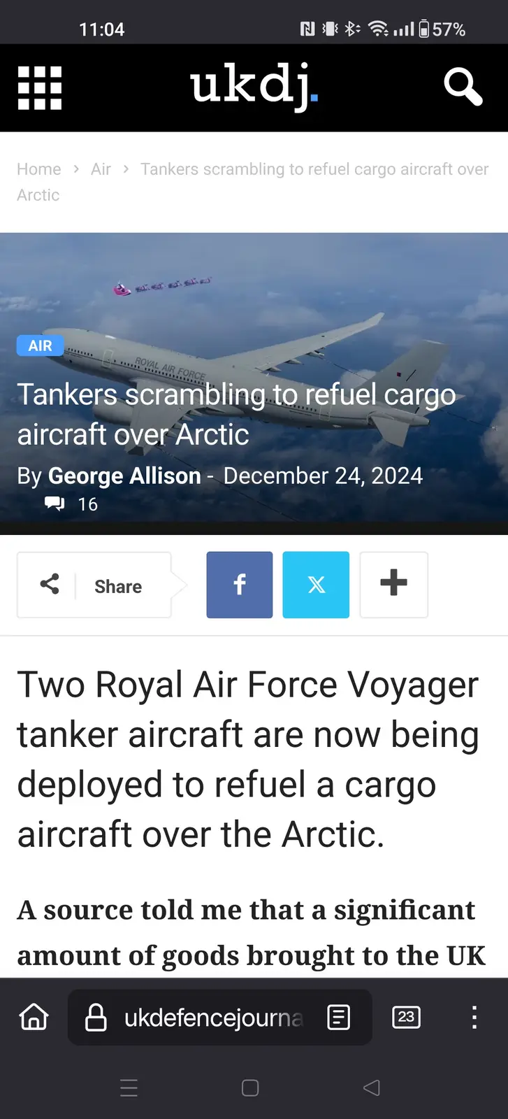 A screenshot of a UK Defence Journal article shows a Royal Air Force tanker aircraft in flight, with a smaller cargo plane…